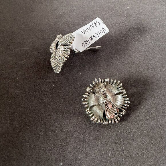 Vintage Monet Silver Tone Textured Clip-On Earrings - Picture 2 of 2